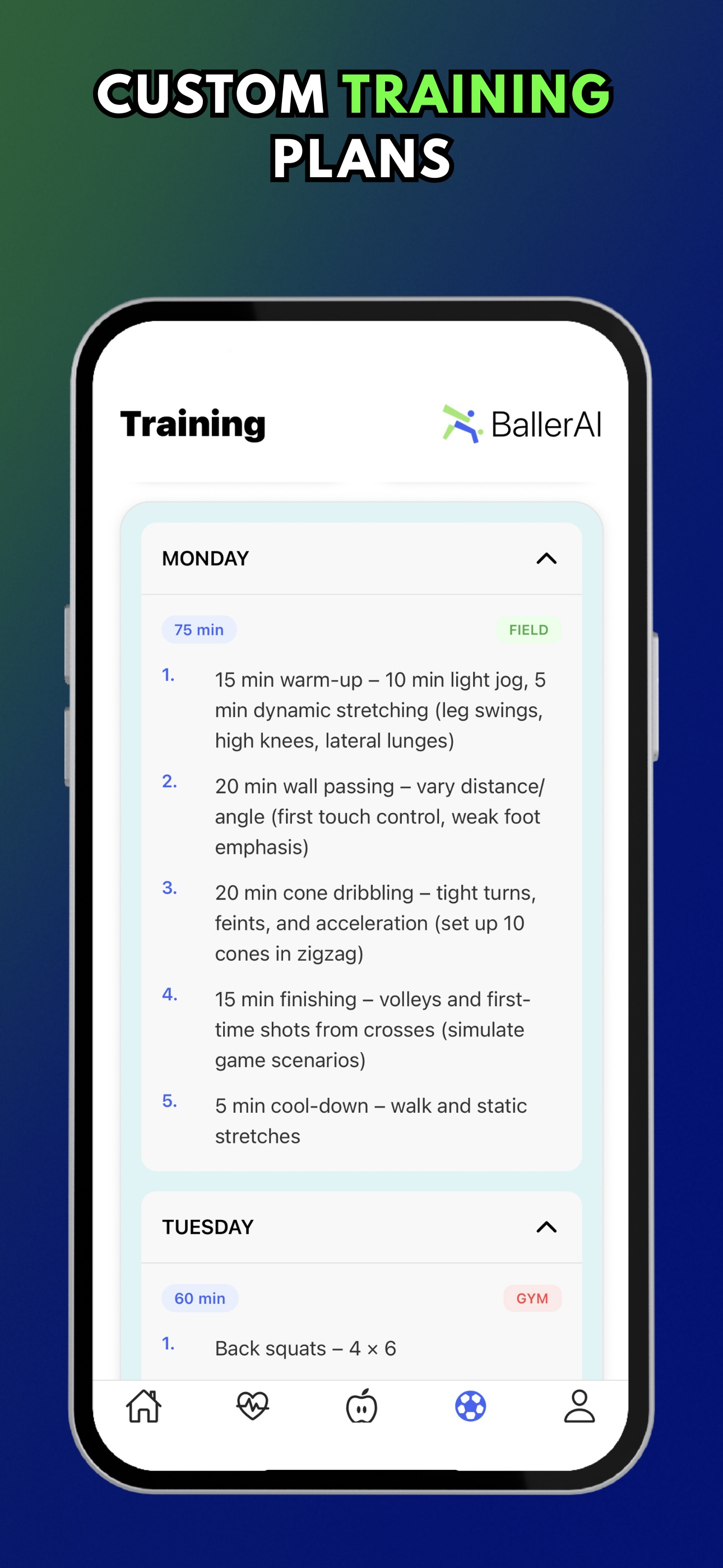 Personalized training calendar in BallerAI