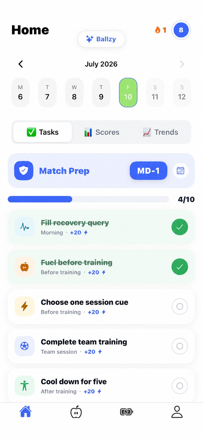 BallerAI task list showing today's football routine with XP